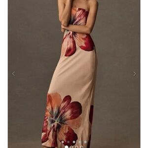 Anthropologie Cream Strapless Gown with Red Floral Design